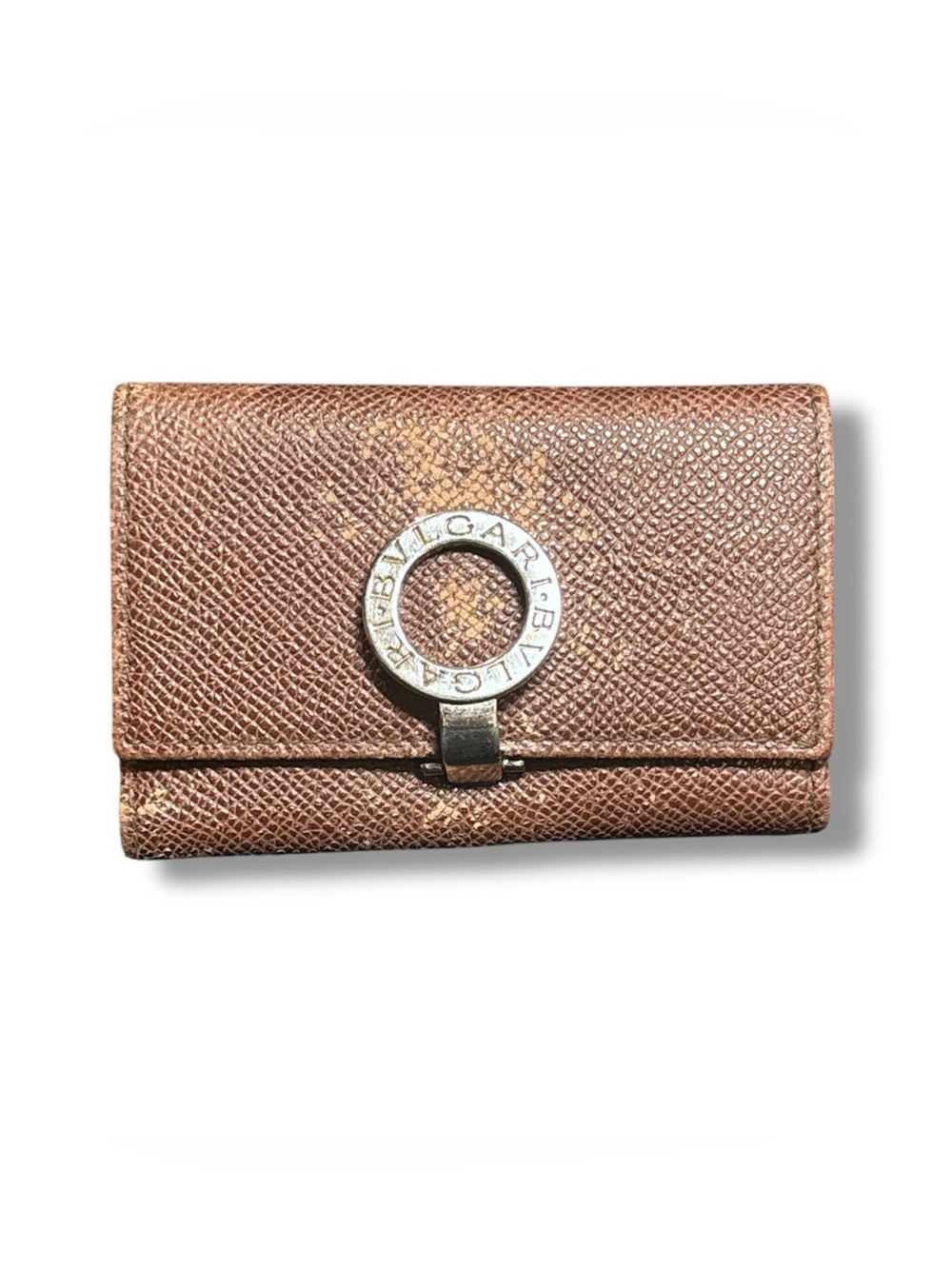 BVLGARI Logo Clip 6 Ring Key Case Brown Leather Trifold Made in Italy